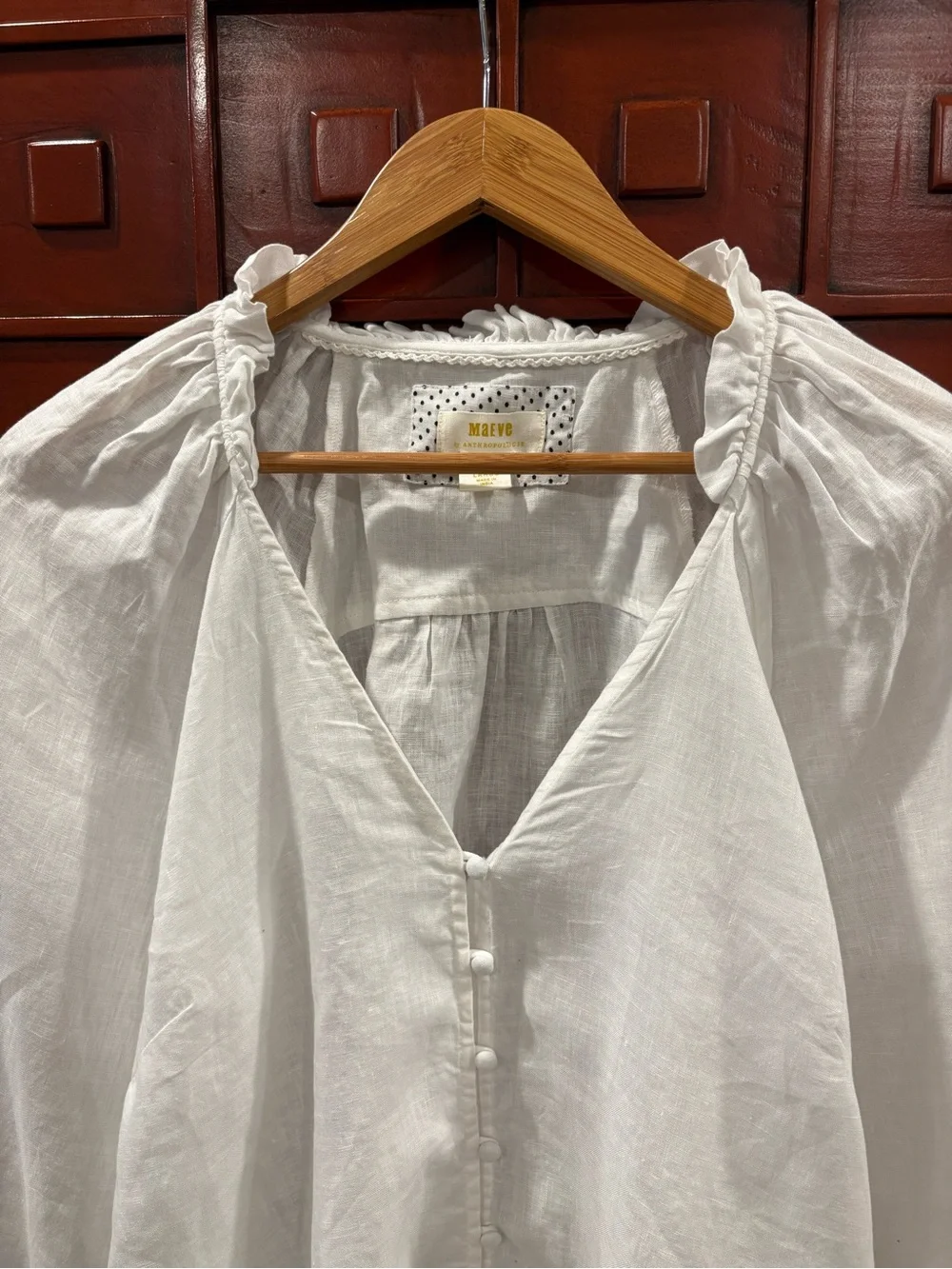 Anthropologie Cream V-Neck Button-Front Puff Sleeve Blouse